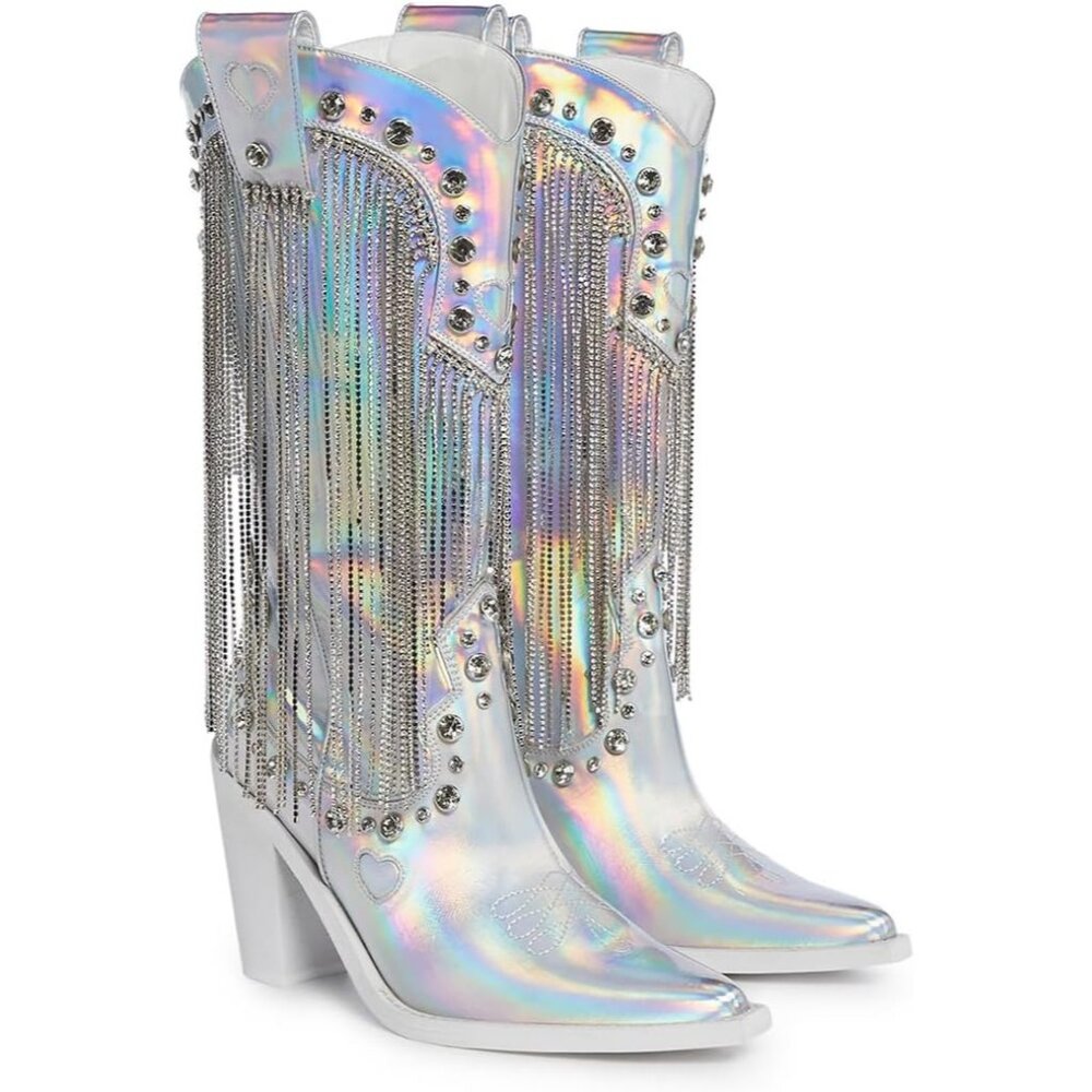 ⚡Women's Silver Cowboy Boots Vegan Leather With Rhinestone Fringe Jewel Studs